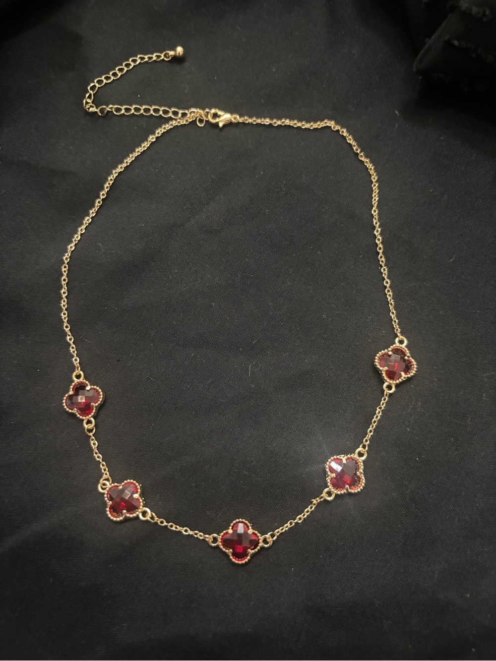 Gold-Tone Necklace with Red Clover Gem Accents